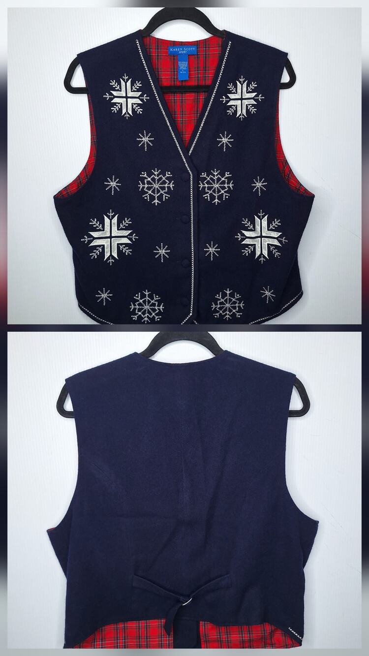 Vintage Christmas Vest Embroidered L Snowflake Tartan Plaid Cottagecore Ugly